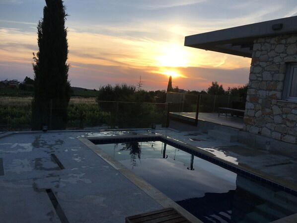 Outdoor pool, pool umbrellas, pool loungers