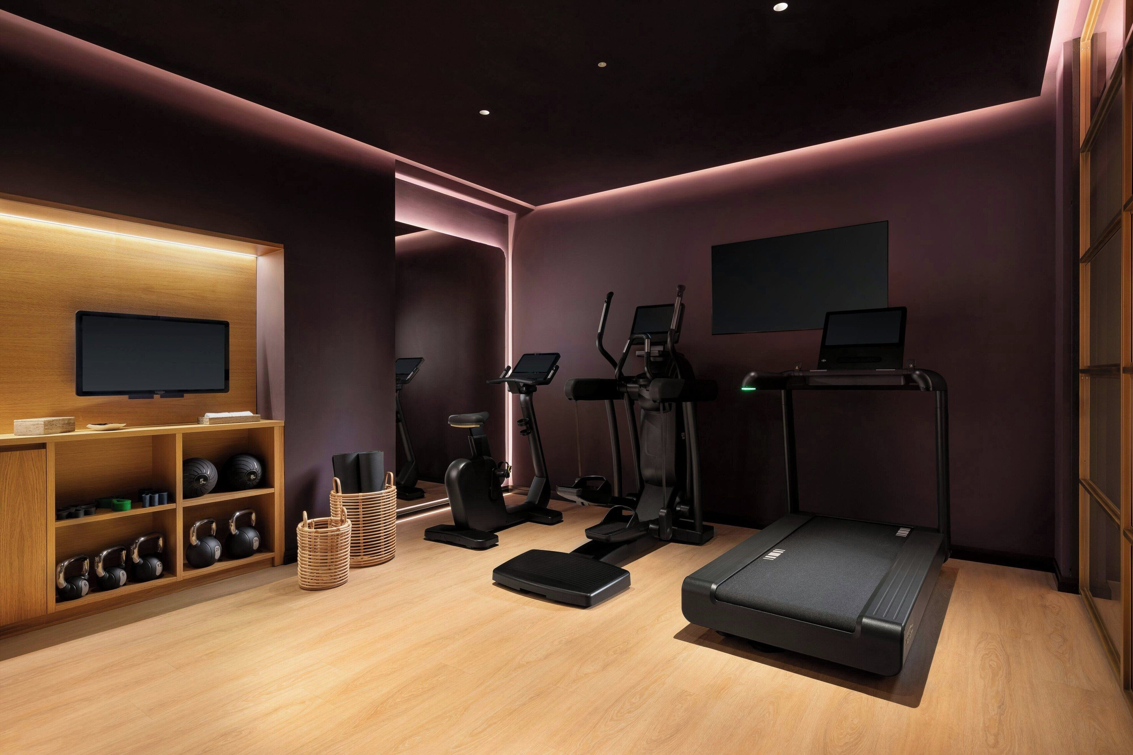 A modern fitness room with a treadmill, elliptical, and stationary bike, a television, and neatly arranged weights and kettlebells.