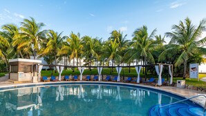 Una piscina con sillas reclinables azules y palmeras.