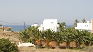 A coastal residential area with white buildings, palm trees, and a view of the sea. - Sunshine Garden (Hersonissos)