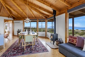 Smart TV, fireplace, DVD player, books