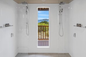 Shower, hair dryer, towels, soap - Peace & Plenty - beachfront hideaway with an indoor heated pool (Dolphin Sands)