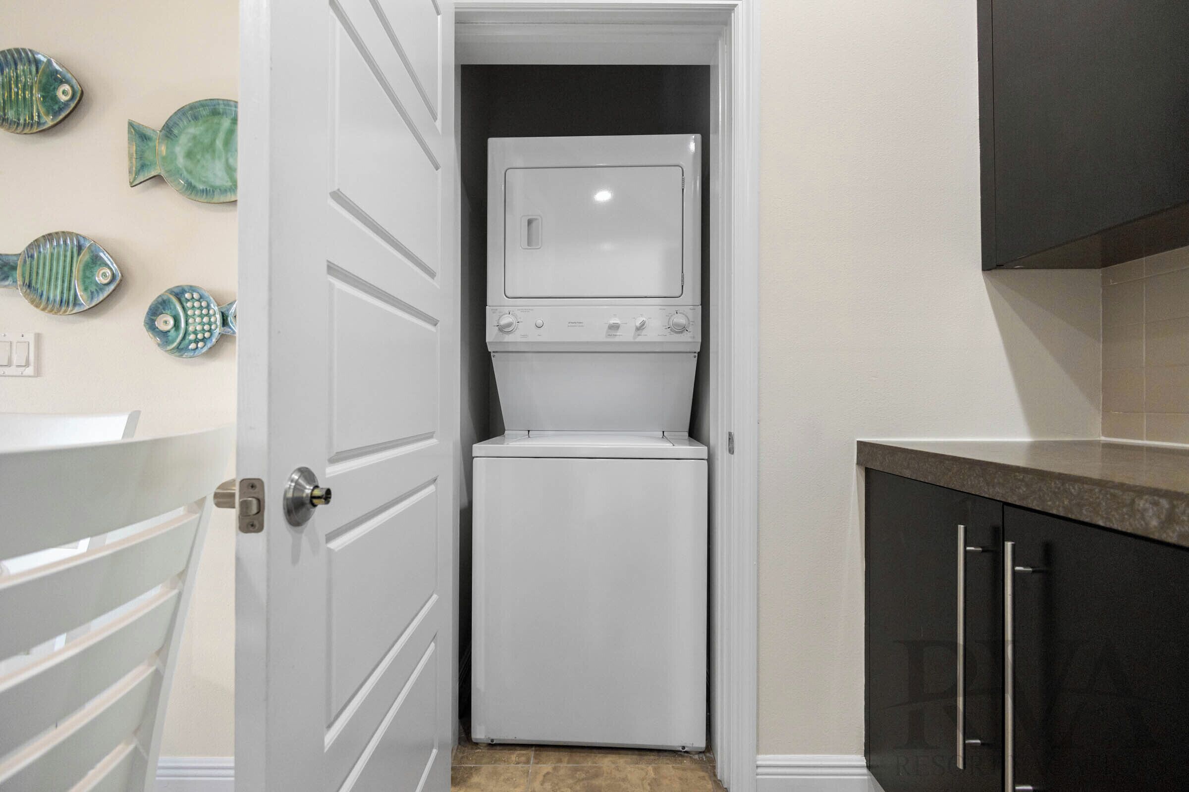 A laundry room with a front-loading washer and dryer, a door with a handle, and a wall with decorative fish plates.