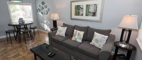 Flat-screen TV, DVD player, stereo