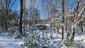 Une scène de forêt enneigée, avec des arbres sans feuilles et un chalet en arrière-plan.