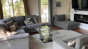 Smart TV, fireplace, books, stereo