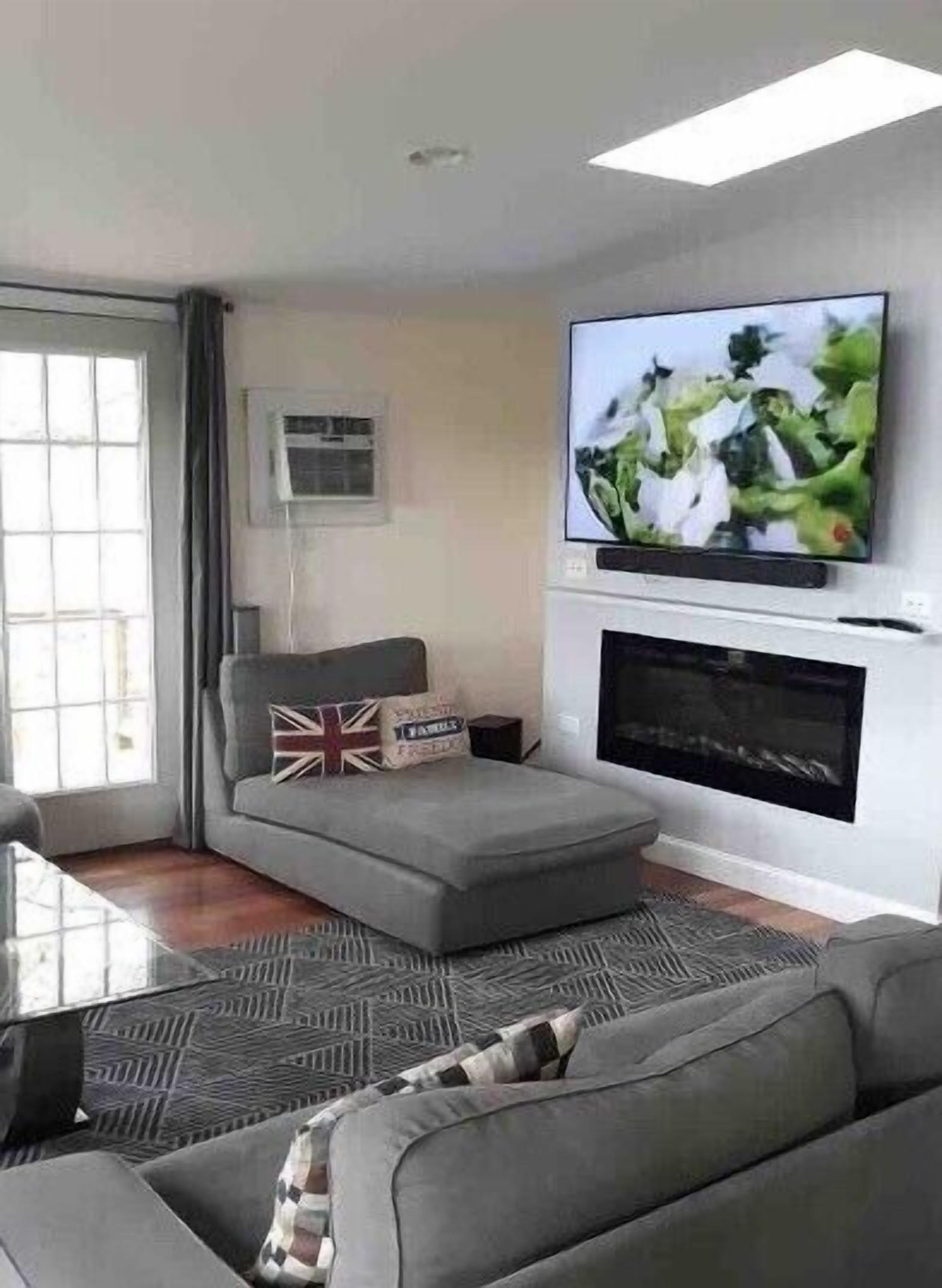 Smart TV, fireplace, books, stereo