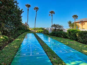 Enjoy a game of shuffleboard surrounded by lush greenery and palm trees.