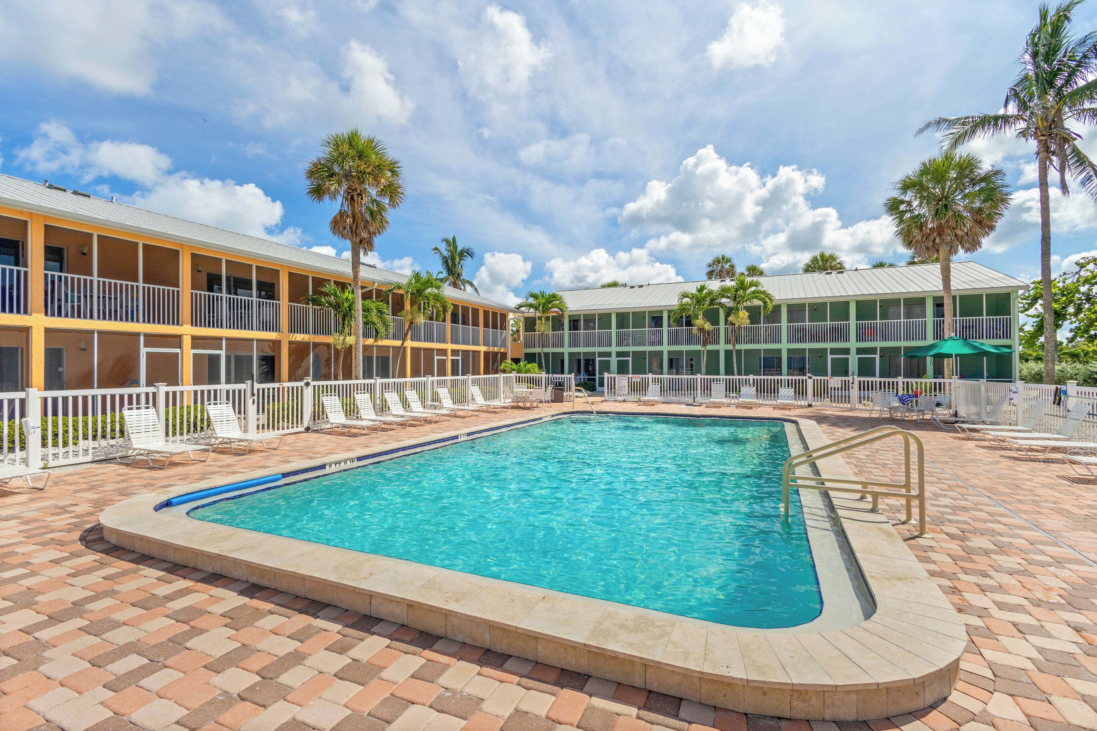 A swimming pool with a tiled deck, surrounded by a white fence and palm trees.