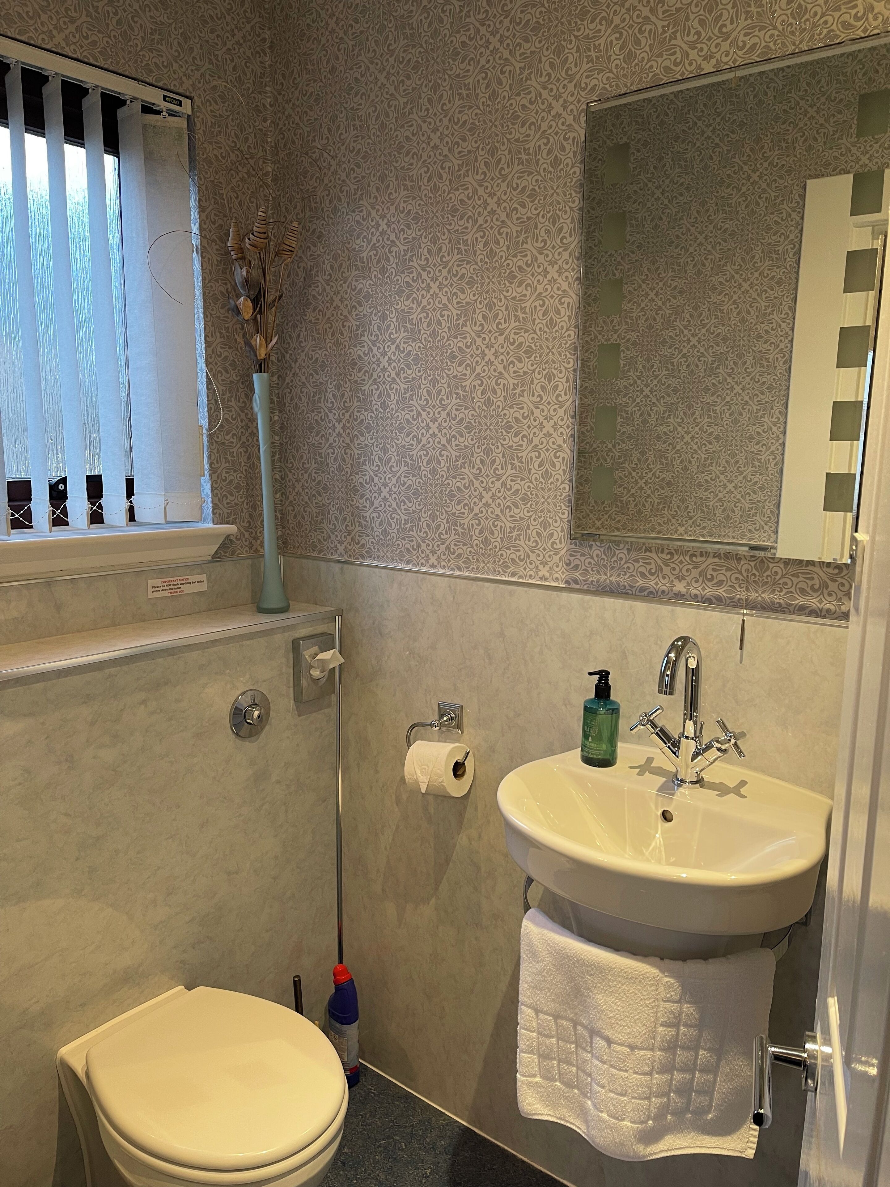 A bathroom with a toilet, sink, and mirror.