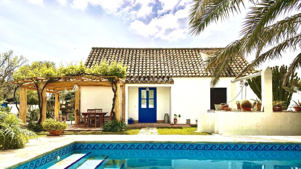 A house with a swimming pool, a pergola, and potted plants.