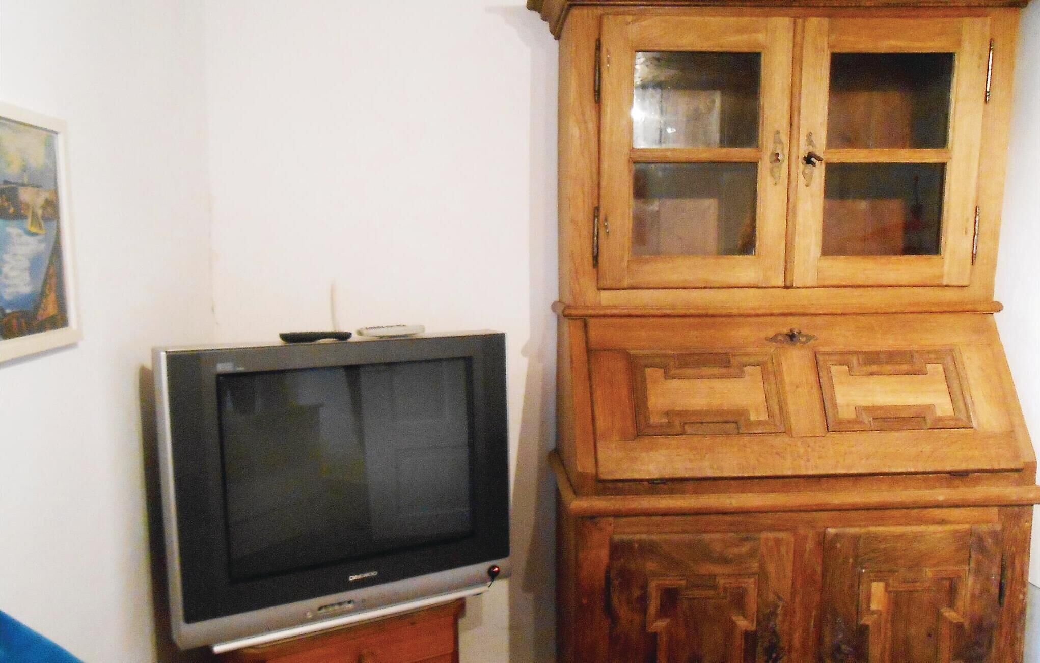 Un téléviseur posé sur un meuble, des armoires en bois avec des portes en verre et un tableau encadré accroché au mur.