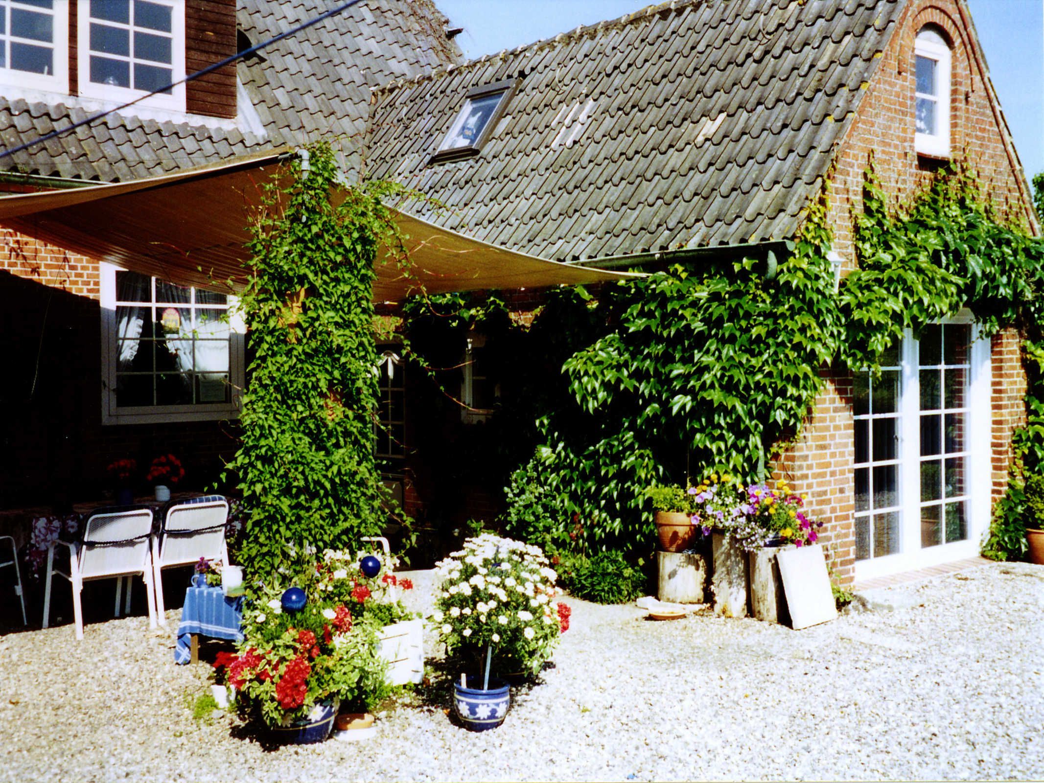 Un bâtiment en briques surmonté d’un toit en tuiles, recouvert de lierre et entouré de plantes et de fleurs en pot.