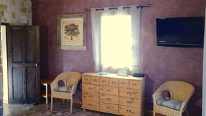 A room with a wooden ceiling, a stone wall, a wooden dresser, two wicker chairs, a television, and a window with curtains. - Nice cottage in the Luberon Regional Park (Viens)