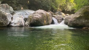 A clear stream flowing over rocks with sunlight filtering through trees. - Gatlinburg Cabin 4BR 2.5BA Hot Tub 7 Beds Low Cleaning Fee Smoky Mountains Dolly (Gatlinburg)