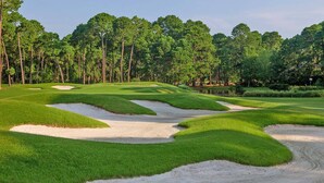 A golf course with sand bunkers, well-maintained grass, and tall trees in the background. -  VACAY TIME:HHI Retreat: Pool/Hot Tub/Near Beach, Pets, Last Minute Rentals Now! (Hilton Head Island)