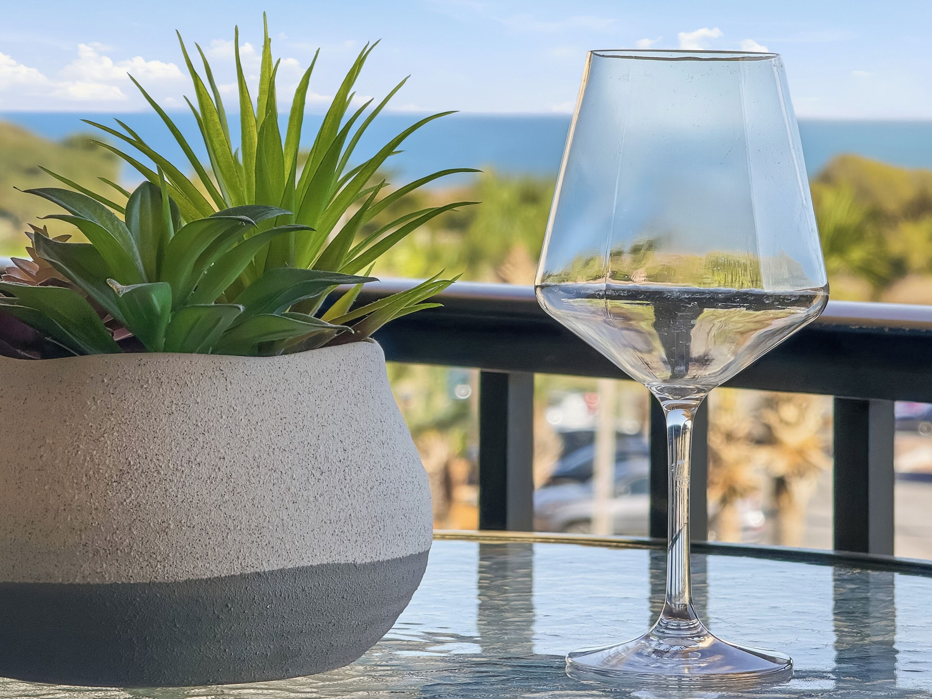 Une plante en pot et un verre à vin sont posés sur une table, offrant une vue sur l’océan.