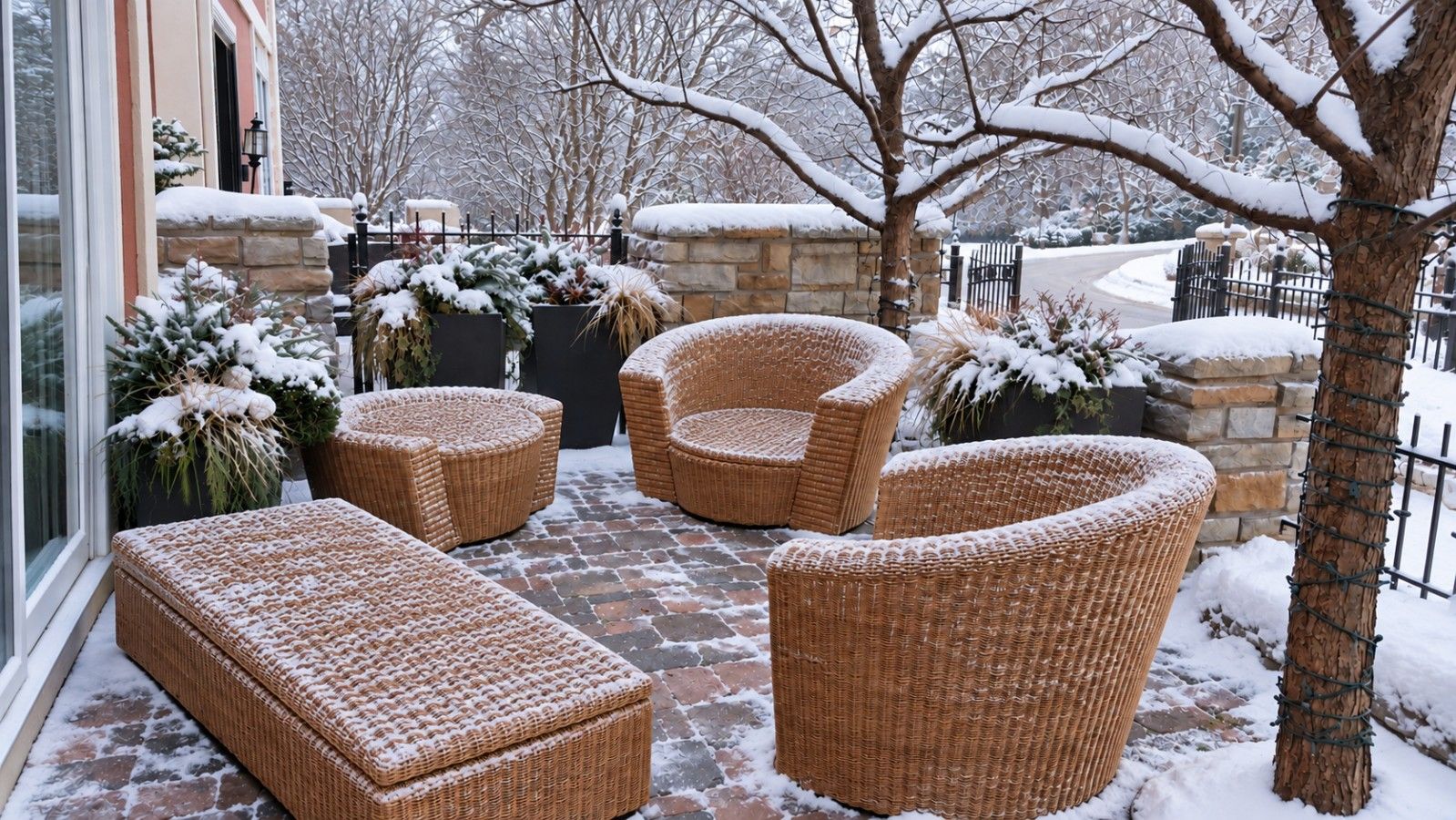 A covered outdoor seating area with wicker furniture and snow-covered plants.