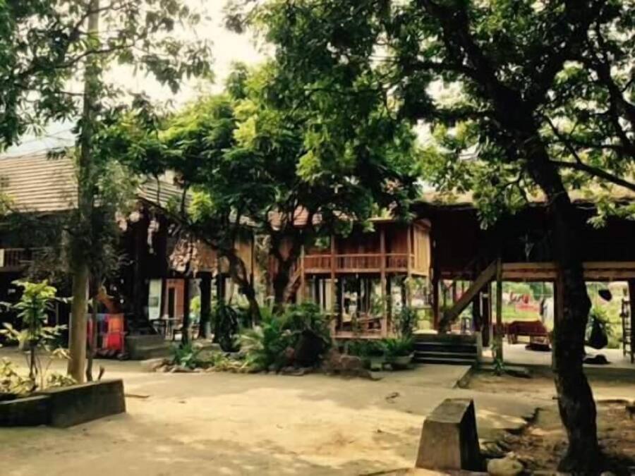A courtyard with a wooden structure, surrounded by trees and plants.