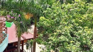 Un jardin luxuriant agrémenté d’une structure en bois, de palmiers et dominé par une chaîne de montagnes en arrière-plan.