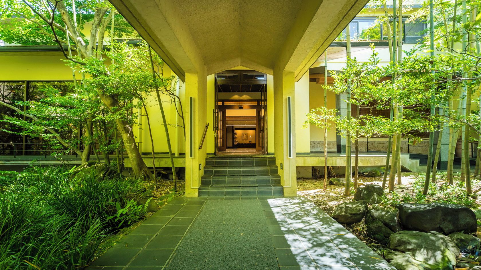A pathway leading to a building entrance with steps and greenery on either side.