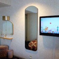 Una habitación con una televisión montada en la pared, un espejo, una estantería con objetos y un cojín estampado.