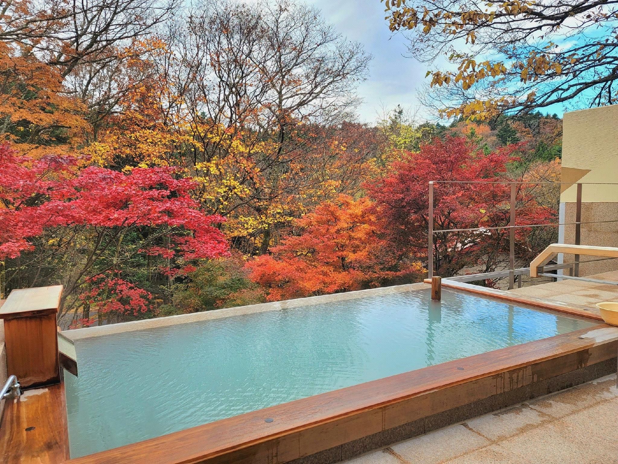 A swimming pool with a wooden deck and a view of autumn foliage.