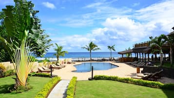 Outdoor pool, pool umbrellas, pool loungers