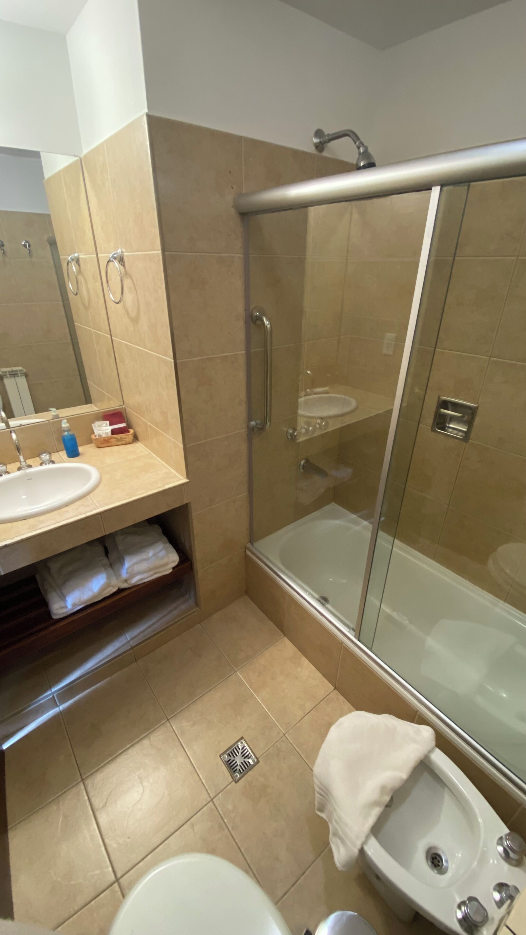 A bathroom with a glass-enclosed shower, a sink, and a toilet.