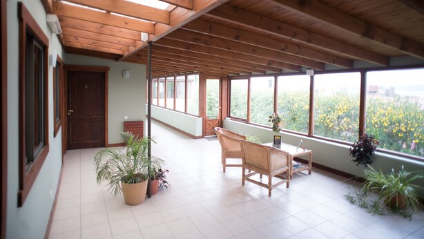 Una habitación amplia con techo de madera, ventanas grandes y plantas en macetas.