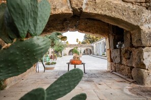 An outdoor courtyard with a stone archway, potted plants, and a table with pumpkins.