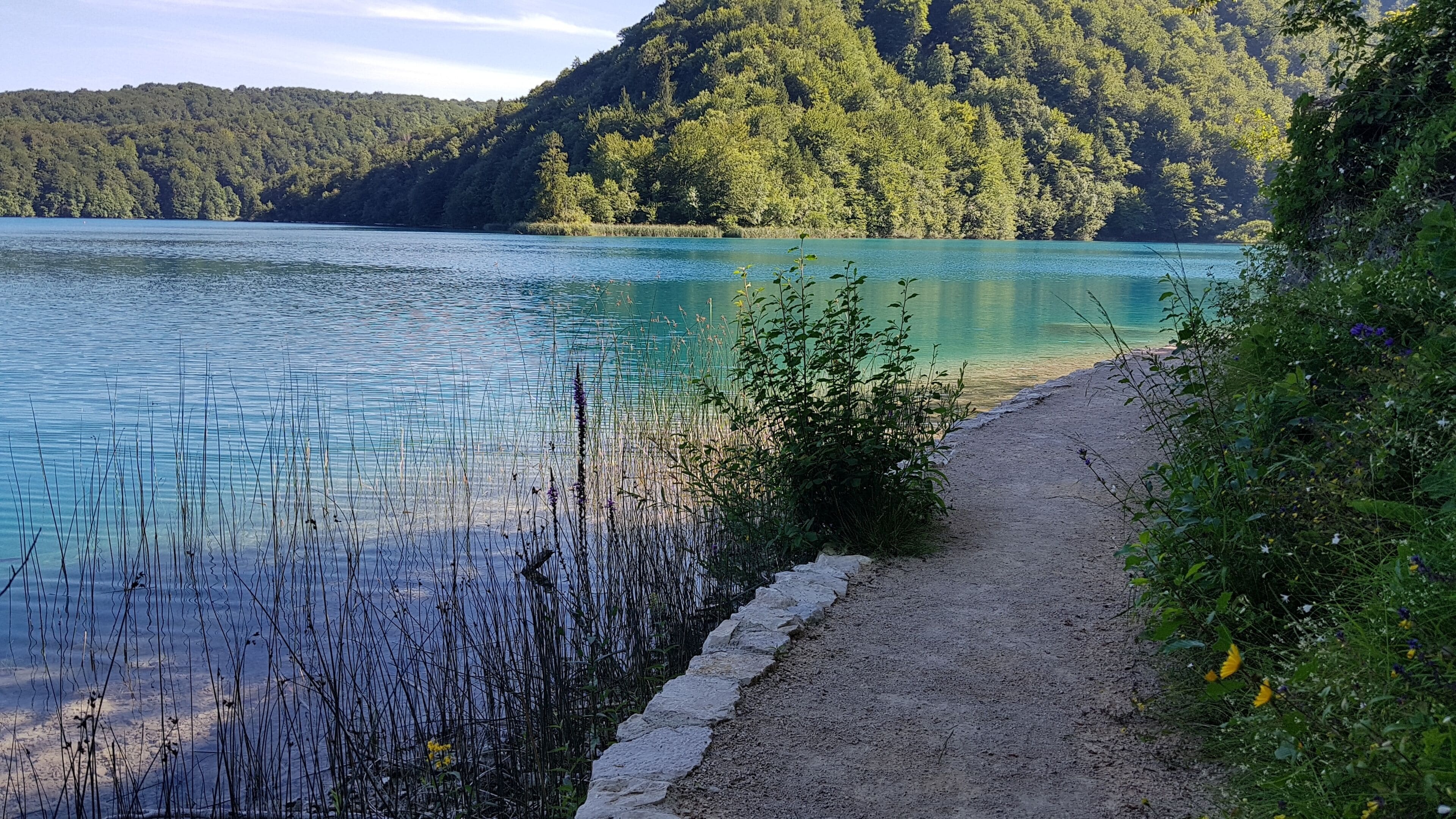 A gravel path beside a calm lake with clear water, surrounded by lush greenery and hills in the background.