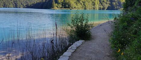 A gravel path beside a calm lake with clear water, surrounded by lush greenery and hills in the background.