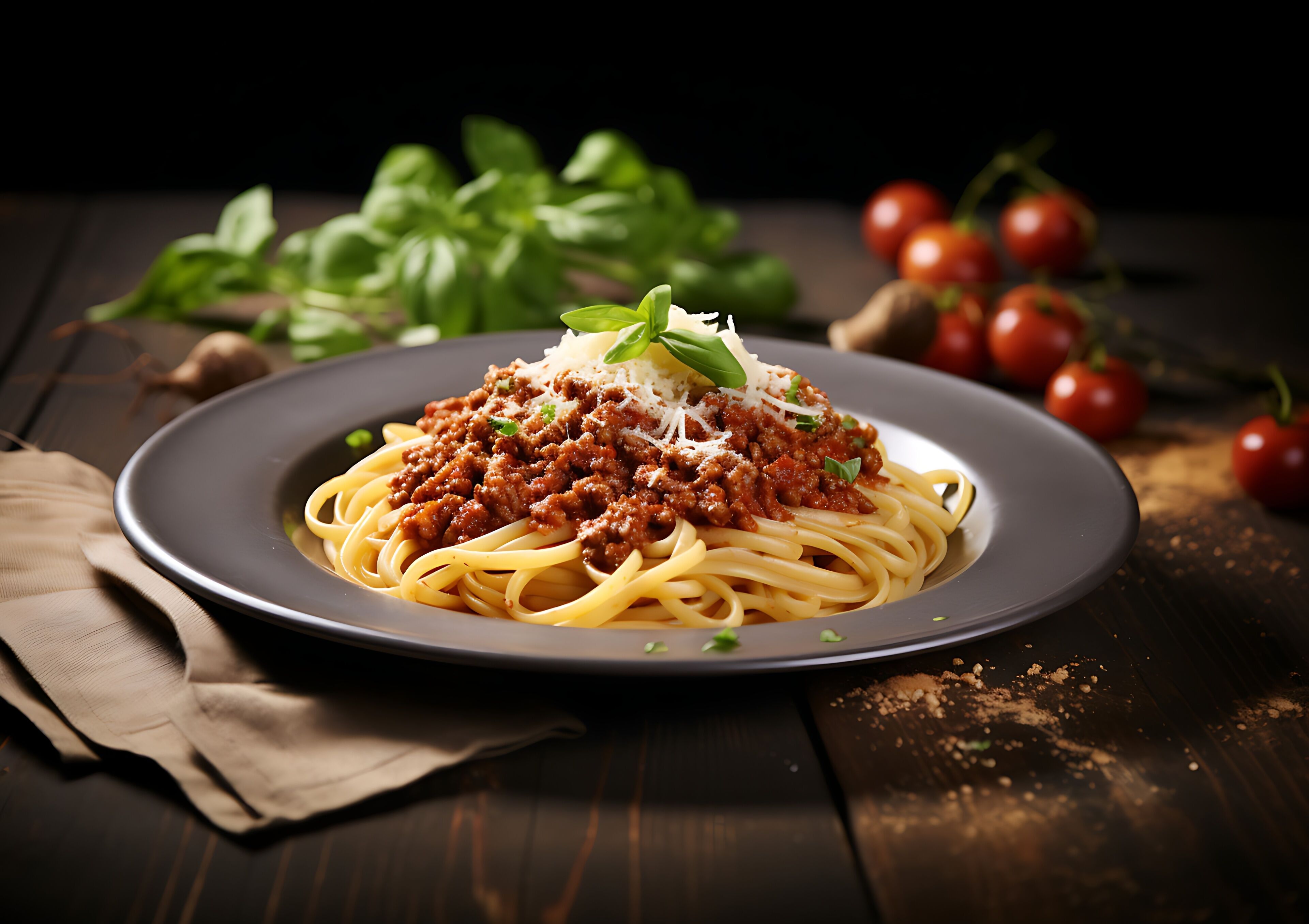 A plate of spaghetti with meat sauce and cheese, garnished with basil, on a dark plate.