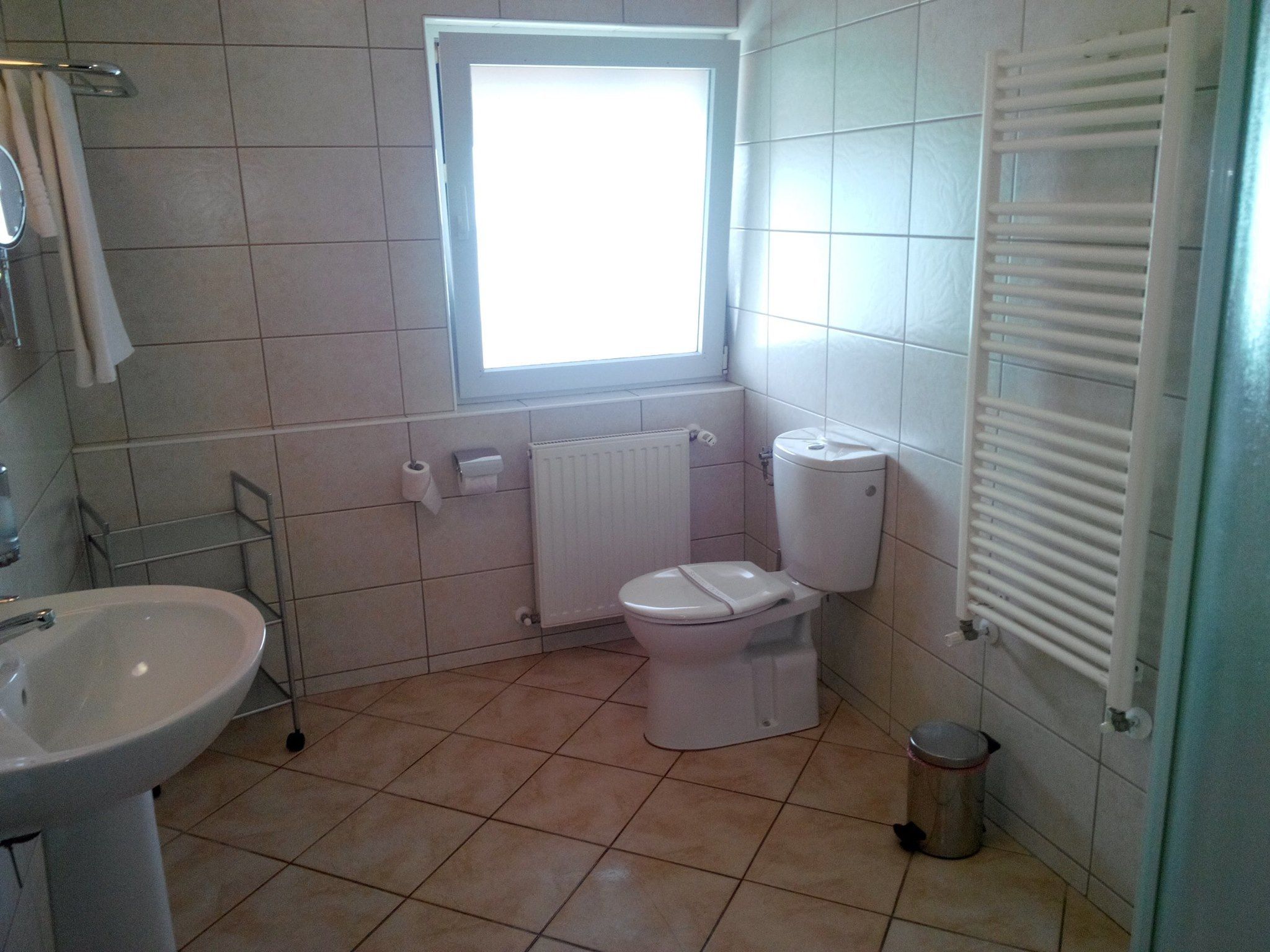 A bathroom with a toilet, sink, and window.