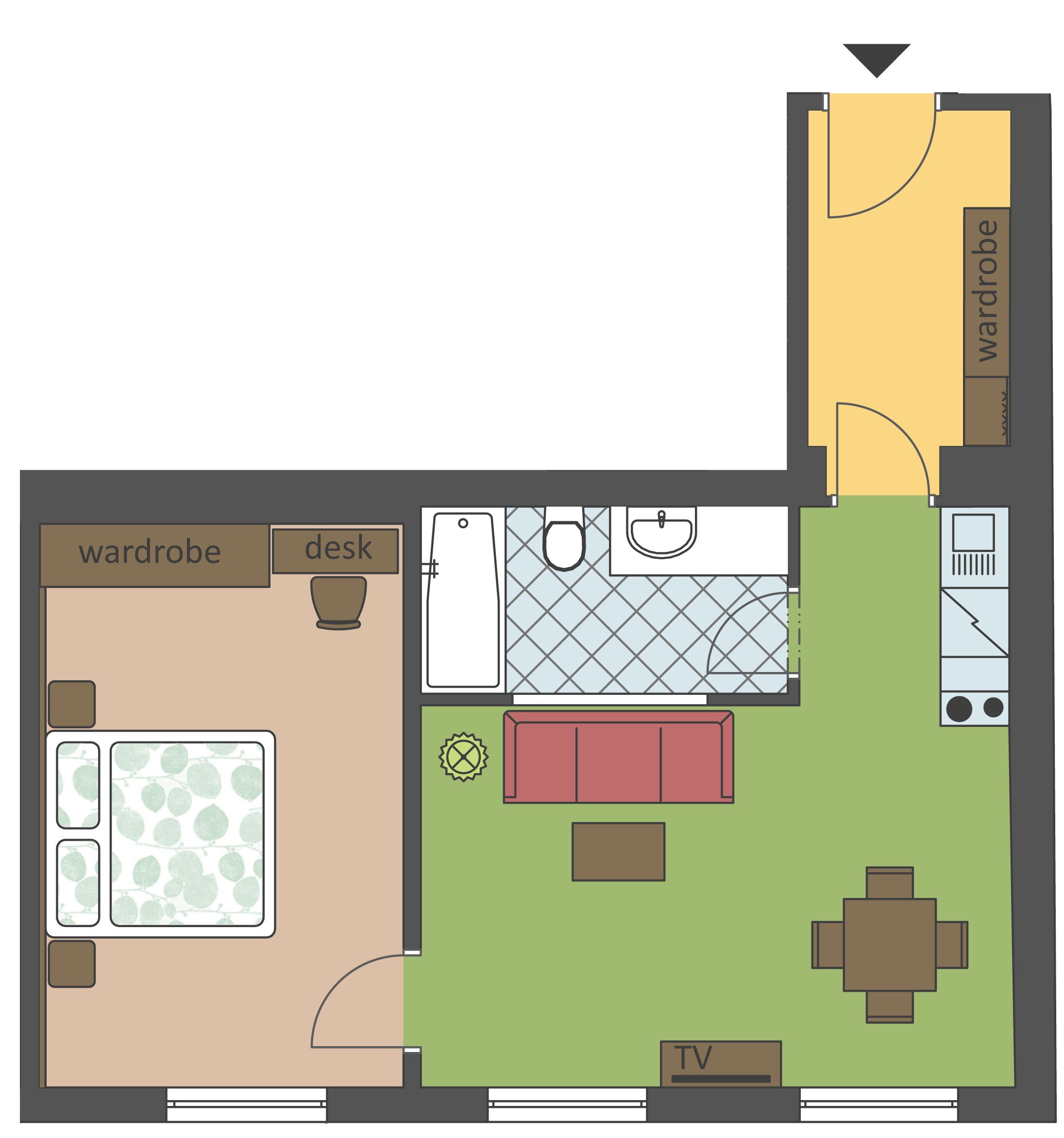 Plano de planta con armario, escritorio, televisor y comedor.