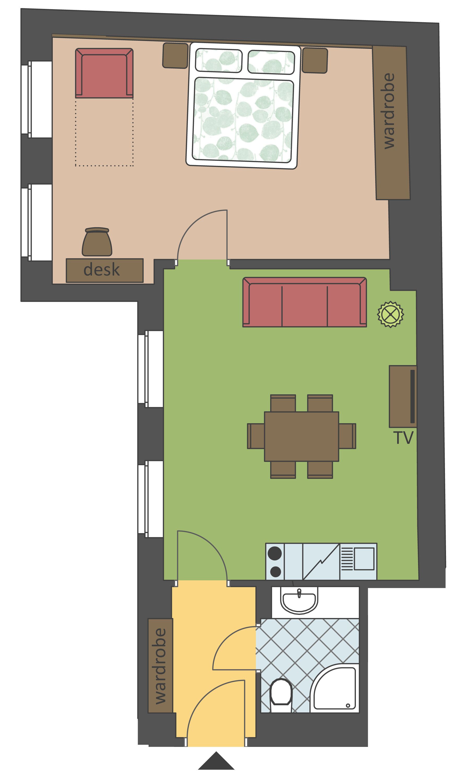 A floor plan of a hotel room with a desk, wardrobe, TV, dining area, and bathroom.
