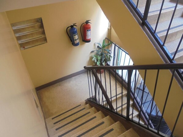 A staircase with a metal railing, a fire extinguisher, and a potted plant.