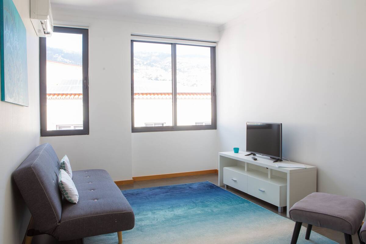 A room with a sofa, a TV on a white stand, a window with a view of mountains, and a blue carpet.