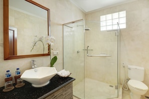Villa Deluxe, 4 habitaciones, para no fumadores, alberca privada | Baño | Amenidades de baño gratuitas, secadora de cabello, pantuflas, toallas 