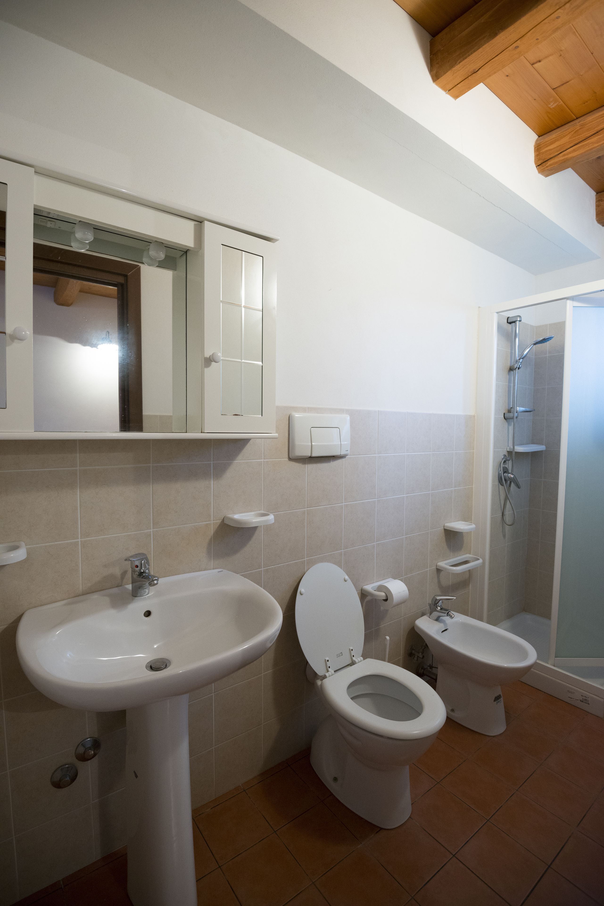Un baño con lavamanos pedestal, inodoro, bidé y ducha.