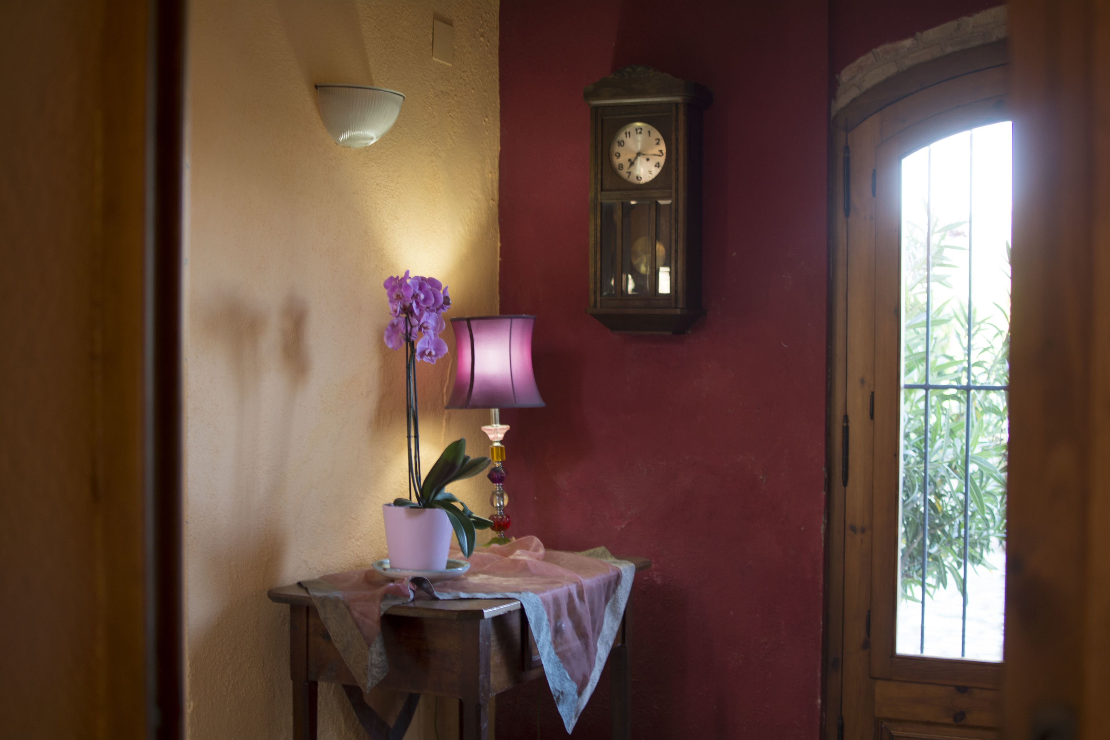 A room with a wooden table, a potted plant, a lamp, and a wall clock.