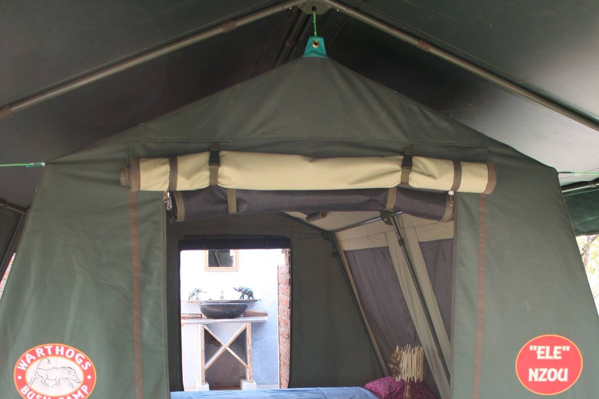 A tent with a bed inside, a small table, and a window.