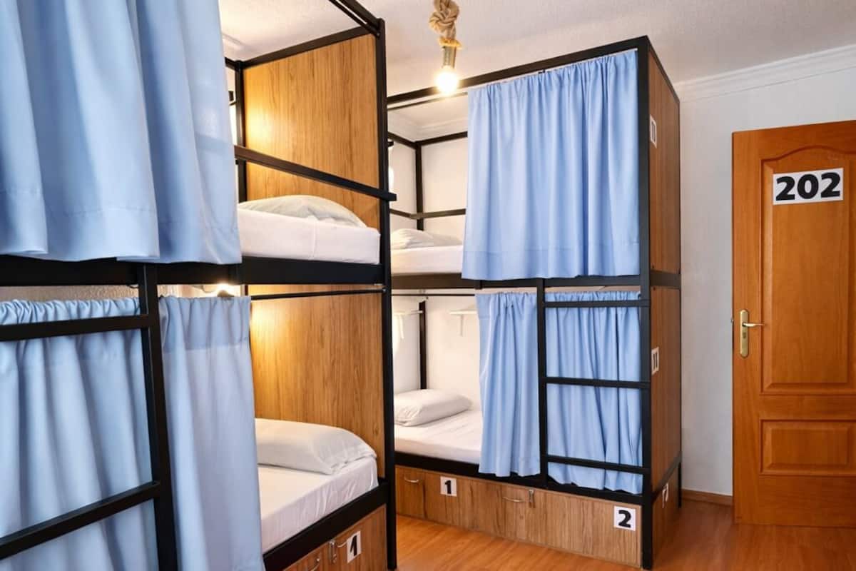 Habitación de dormitorio con literas, alfombra roja y una puerta con la etiqueta '202'.