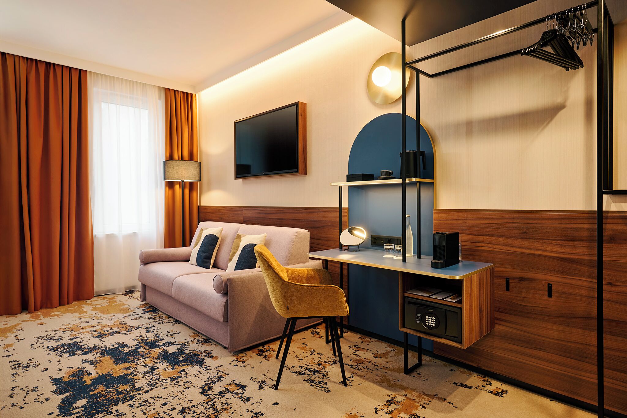 In-room safe, desk, laptop workspace, blackout curtains