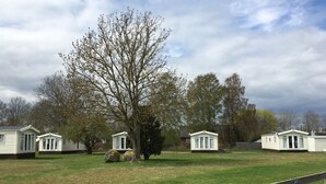 Una hilera de casas móviles blancas, con un campo de césped y árboles al fondo.