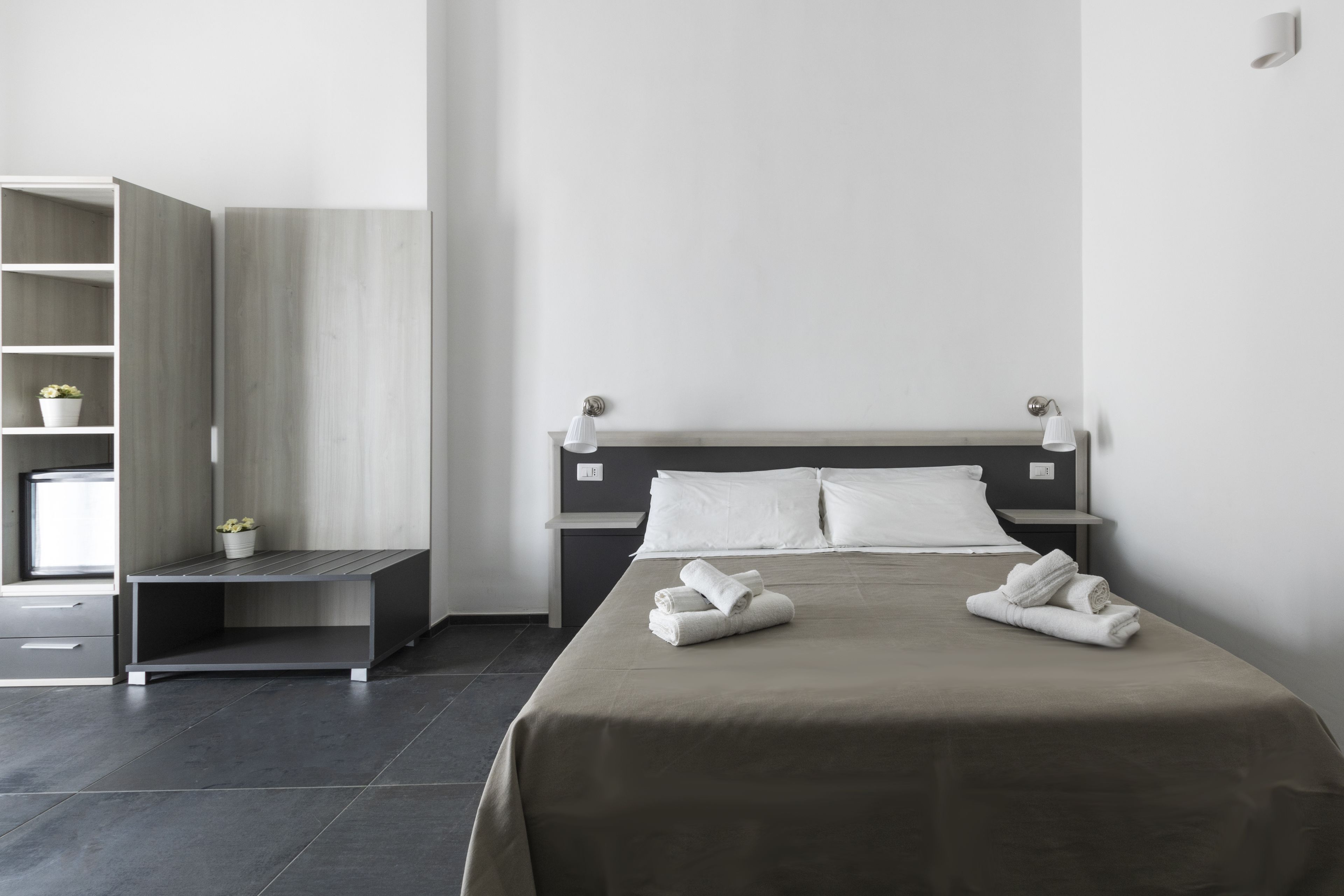 Habitación de hotel moderna con una cama, una mesita de noche, un pequeño estante con una planta y una mesita de noche con una lámpara.