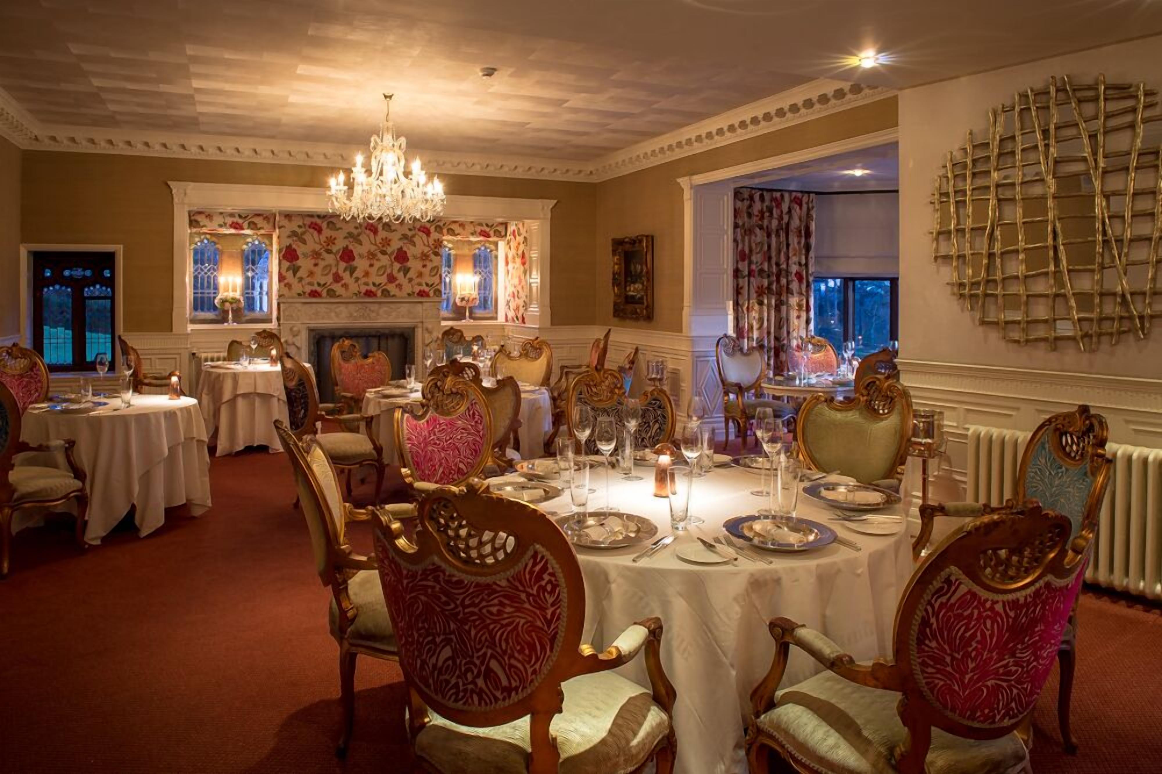 A formal dining room with ornate chairs, a chandelier, and a fireplace.