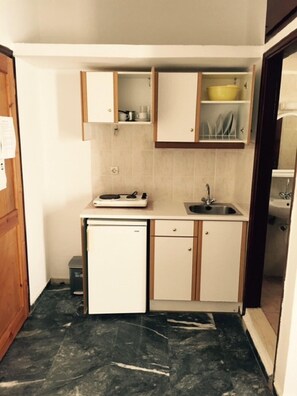 Studio | Private kitchenette | Fridge, stovetop, cookware/dishes/utensils