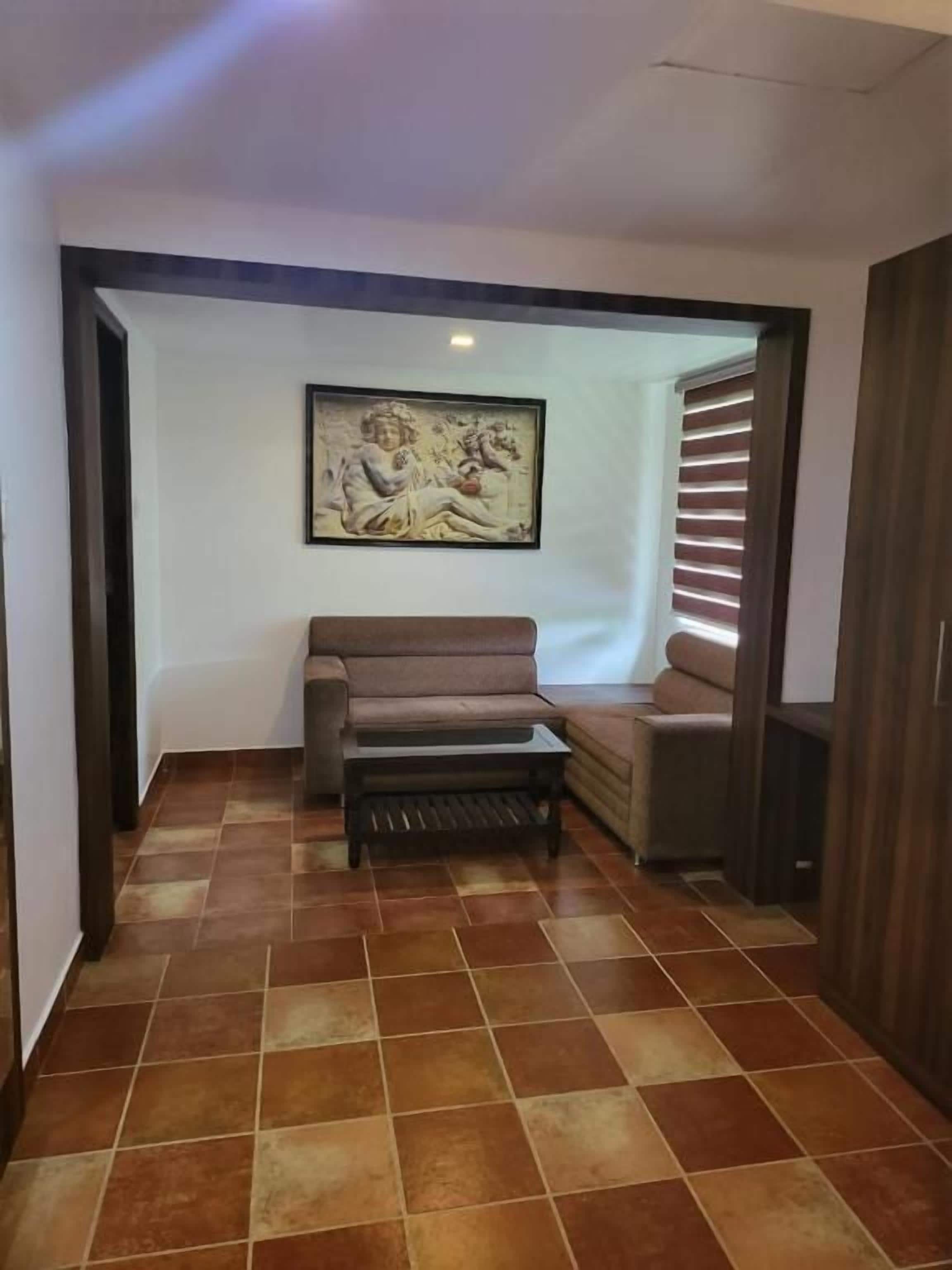 A room with a sofa, a coffee table, and a framed artwork on the wall.